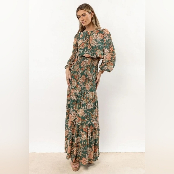 Bohme Raya Green Floral Bell Sleeve Maxi Dress - Small - Picture 2 of 8
